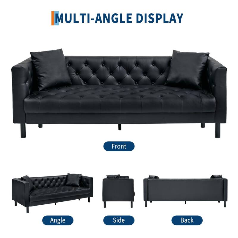 78" Leather Couch, Handmade Button Tufted 3 Seater Sofa, Chesterfield Sofa with Deep Seat and 2 Pillows, Leather Sofa