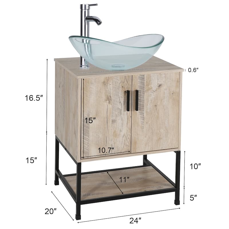 24" Bathroom Vanity Sink Combo Oak Cabinet Vanity Tempered Glass/Ceramic Sink