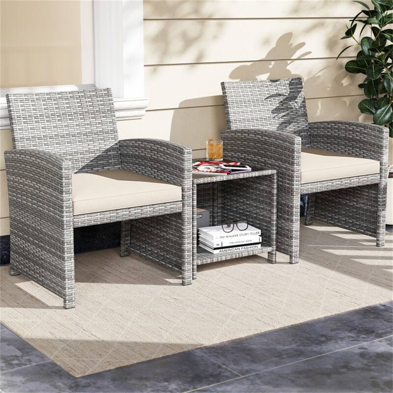 2-Piece Rattan Bistro Set with Comfortable Cushions and Tempered Glass Table Outdoor Patio - Table: 18" × 18" × 17"