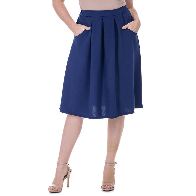 24seven Comfort Apparel Elastic Waist Pleated Knee Length Pocket Skirt - Blue - 1X