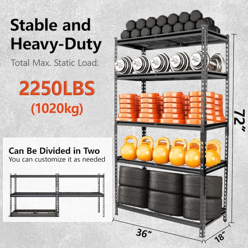 2-piece 5-Tier Storage Shelves set, Heavy-Duty Garage Shelving, Adjustable Shelving Unit, Steel Shelf, Boltless Assembly