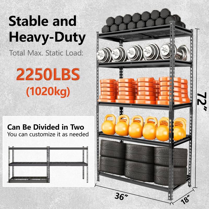 5-Tier Storage Shelves, Heavy-Duty Garage Shelving, Adjustable Shelving Unit, Steel Shelf, 250 lb Load,36"W x 18"D x 72"H
