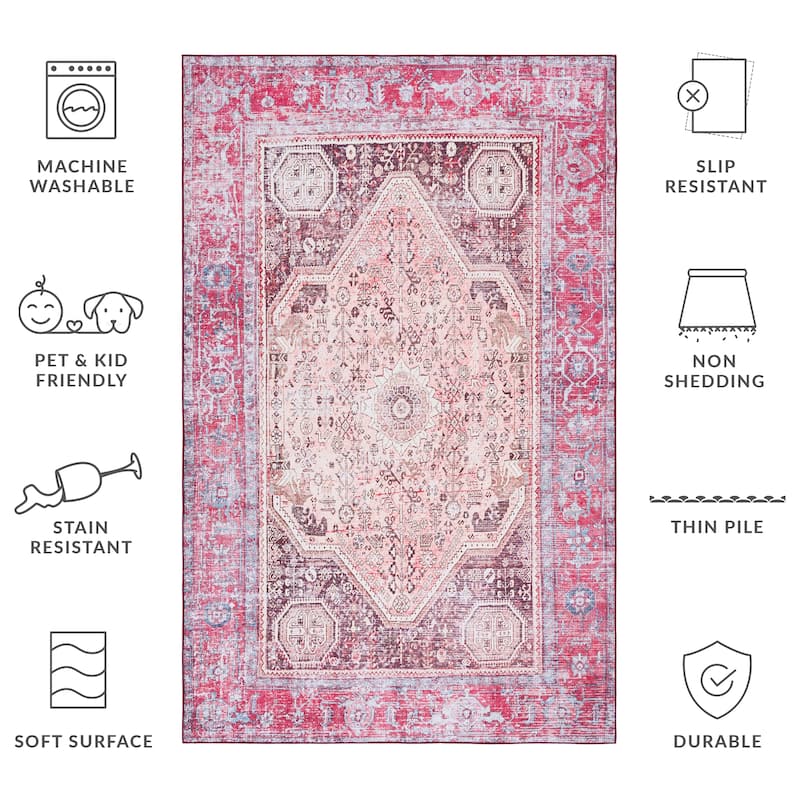 SAFAVIEH Tucson Machine Washable Slip Resistant Edmonia Traditional Rug - 6' x 9' - Beige/Red