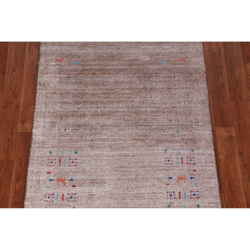 Hand Knotted Oriental 100% Wool Carpet Tribal Animal Pictorial Brown Gabbeh Runner Rug - 11' 9'' X 2' 7''