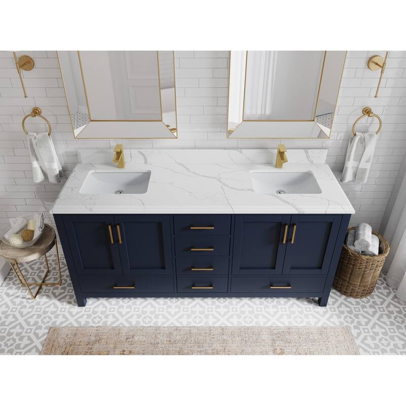 Willow Collection 72 in. W x 22 in. D Malibu Double Sink Bathroom Vanity with Countertop - 1.5" Calacatta Laza - Navy Blue