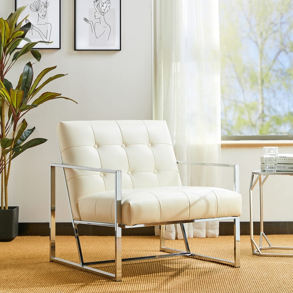 Glitzhome 30.50"H Cream Mid-Century PU Leather Tufted Accent Chair with Chrome Plated Frame
