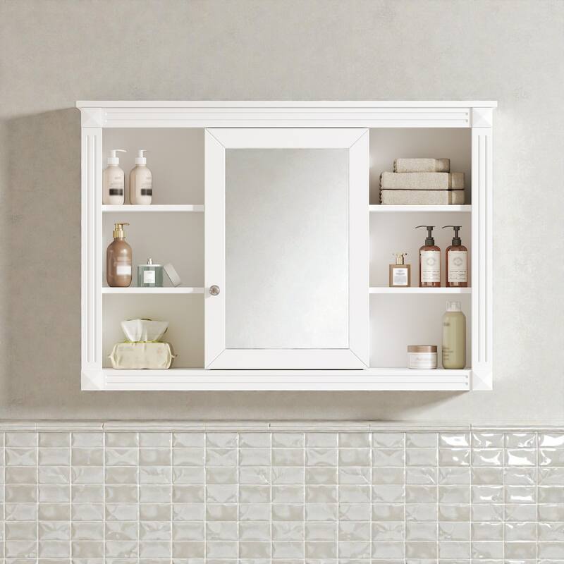 42 Inch Wall Mounted Bathroom Mirror Cabinet, Modern Medicine Cabinet with Mirror Doors and Open Shelves - White