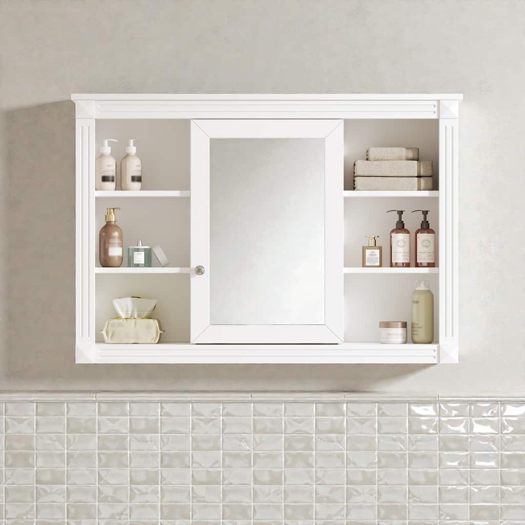 42 Inch Wall Mounted Bathroom Mirror Cabinet, Modern Medicine Cabinet with Mirror Doors and Open Shelves