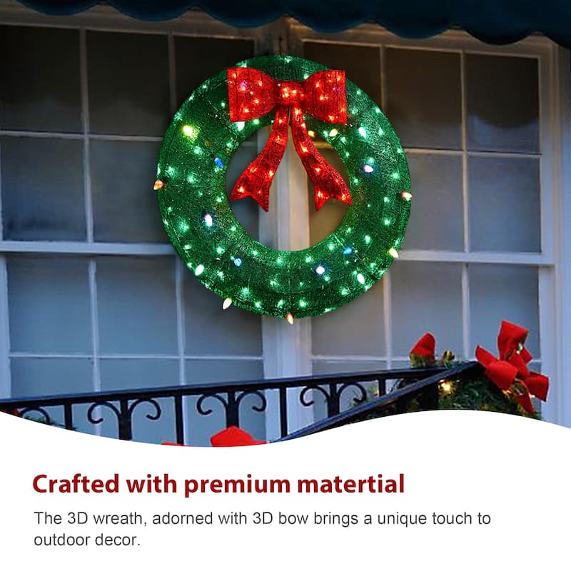 Glitzhome 35"H Lighted Christmas 3D Mesh Wreath Decor with 130 LED Lights - 3D Mesh Wreath