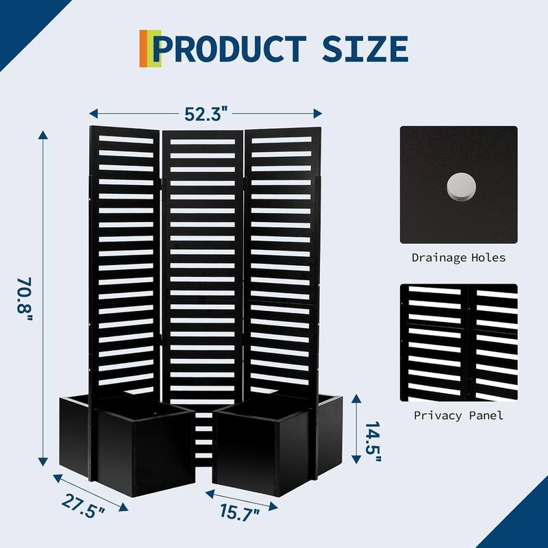 3-Panel Metal Frame Screen, Planter Box, with Trellis
