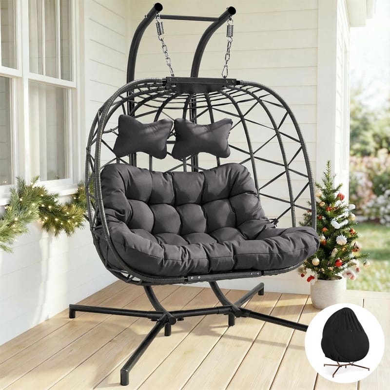 Oversized Outdoor Double Hanging Egg Chair with Cushions, 700 lbs Capacity Swing Chair for Indoor or Patio - Dark Grey/Cover