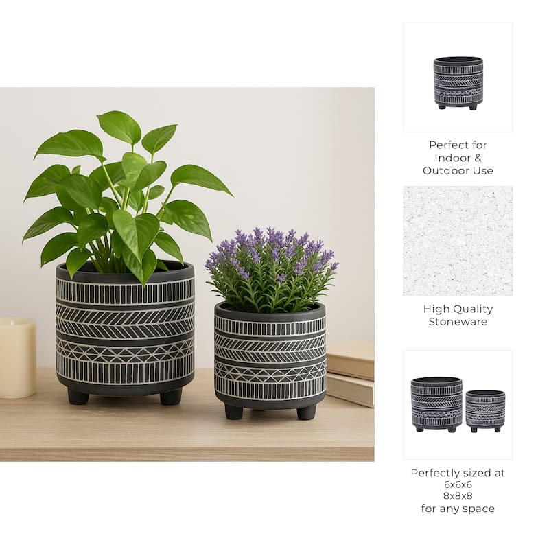 Ceramic Patterned Footed Planter - Set of 2 - 6" - 8"