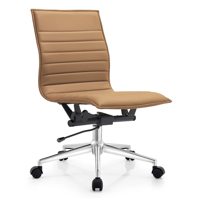 Modern Office Desk Chair | Upholstered PU Leather Ribbed Armless Mid Back with Metal Frame | Adjustable Height, Tilt Lock - Tan