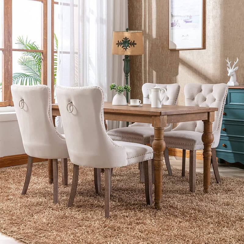 Set of 2 Velvet Dining Chairs – Tufted Upholstered Armless Accent Chairs with Nailhead Trim & Back Ring Pull