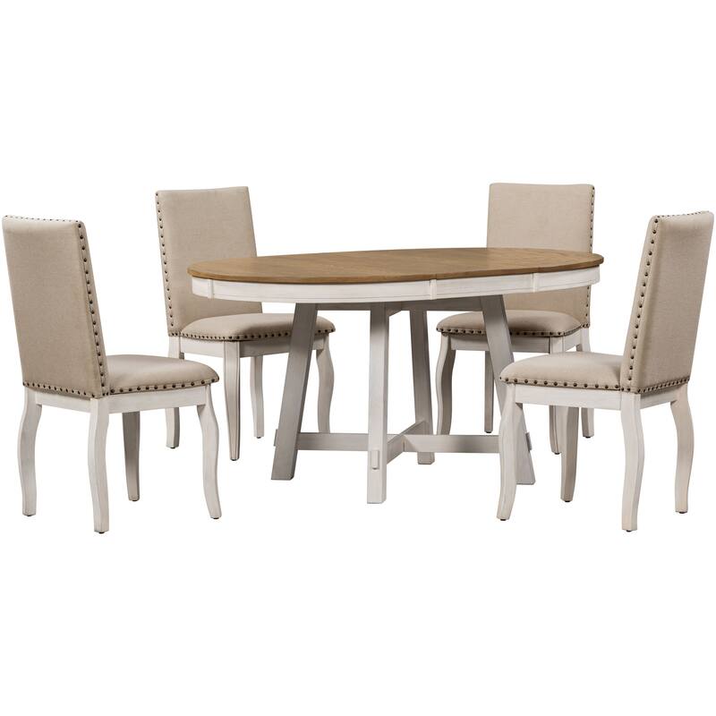 5-Piece Farmhouse Dining Table Set Wood Round Extendable Dining Table and 4 Upholstered Dining Chairs - Oak Natural