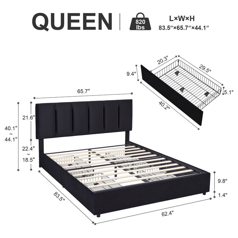 Black Bed Frame with 4 Storage Drawers, Upholstered Platform Bed Frame with Adjustable Headboard