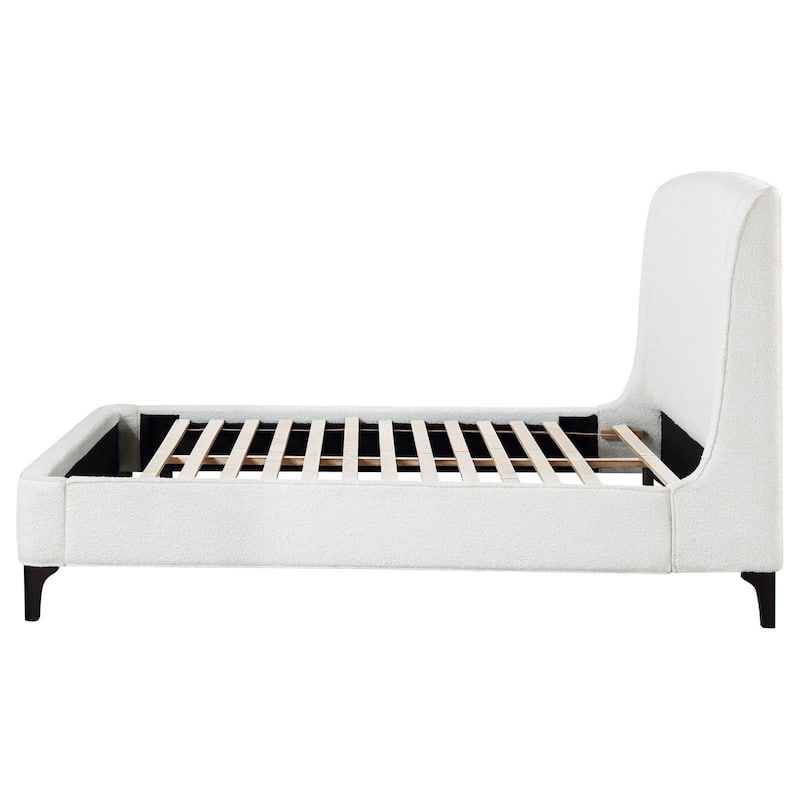 Mabe Queen Size Bed, Wingback Curved Headboard, White Fabric Upholstery