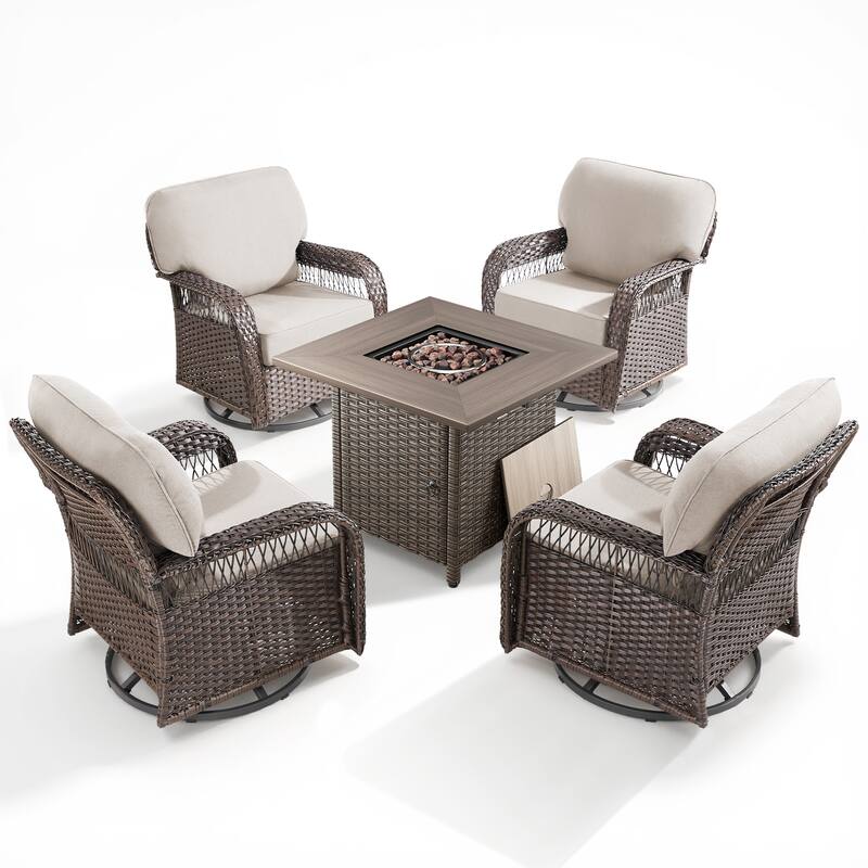 Pocassy Outdoor Sofa Ottoman Swivel Chair Table with Fire Table Funiture Set.