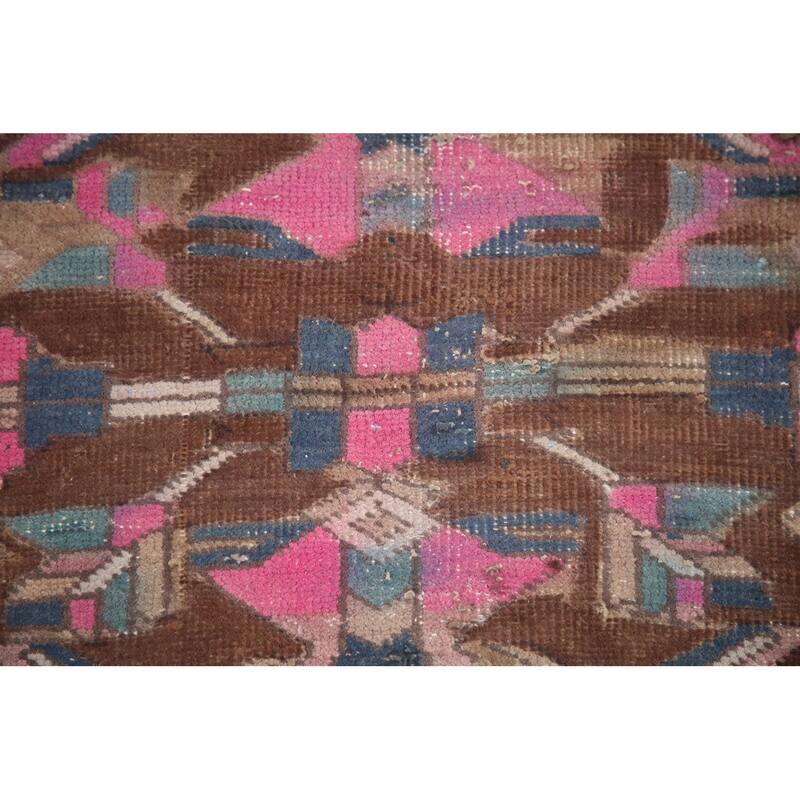 Hand Knotted Oriental 100% Wool Carpet Traditional Geometric Brown Heriz Runner Rug - 10' 11'' X 3' 9''