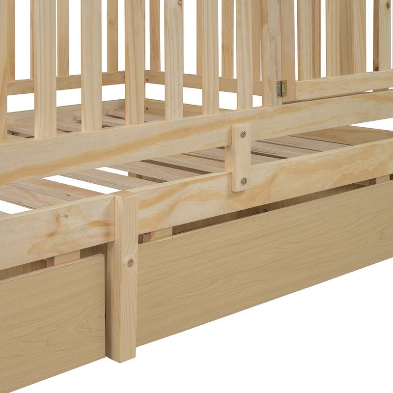 Twin Size Solid Wood Daybed with Guardrails & 2 Drawers