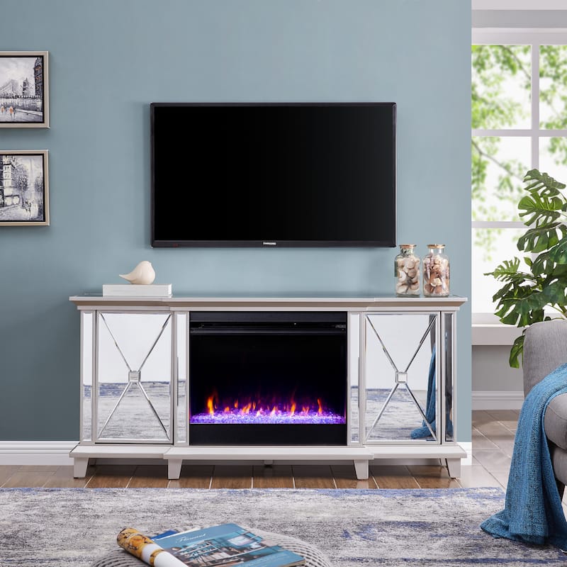 SEI Furniture Mirrored Media TV Stand with Color Changing Fireplace Insert for TV's up to 62" - Silver