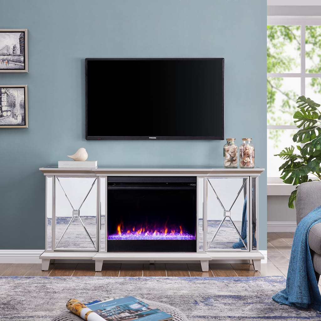 SEI Furniture Mirrored Media TV Stand with Color Changing Fireplace Insert for TV's up to 62"