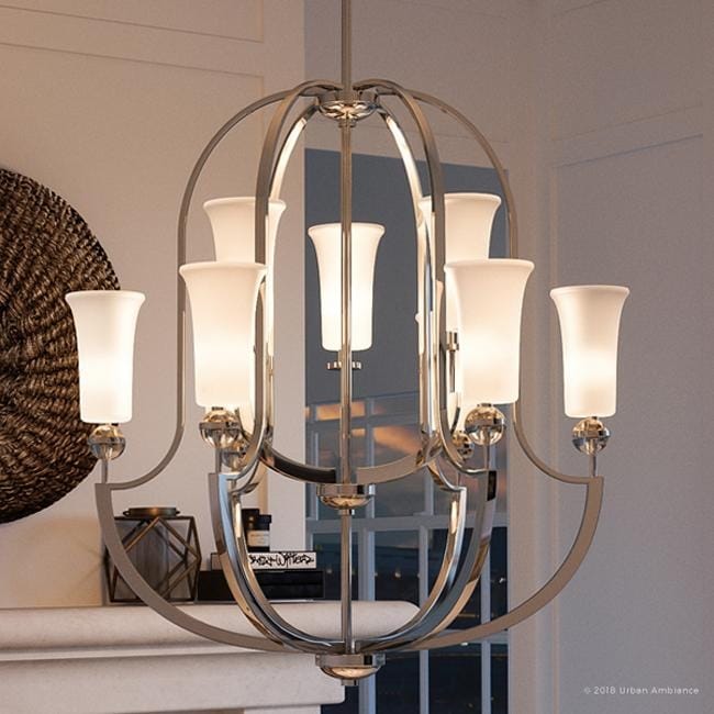 Luxury Cosmopolitan Chandelier, 30.125"H x 30"W, with Mediterranean Style, Polished Nickel Finish by Urban Ambiance (60 to 100 Watts - Steel - Nickel - Chandeliers For Bedrooms by Overstock.com