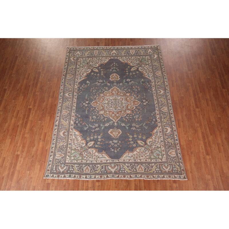 Gray Blue Tabriz Persian Vintage Area Rug Hand-Knotted Wool Carpet - 8'0"x 10'7"