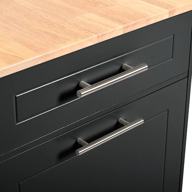 48.50'' Fluted Kitchen Island with Power Outlet, Rolling Wheels, 3 Drawer, 3 Open Side Racks and 10 Gallon Garbage Bin