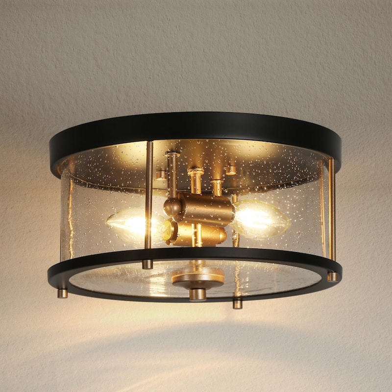 Modern Farmhouse 2-Light Drum Glass Flush Mount Chandelier Black Gold Ceiling Light - D 11" x H 6"