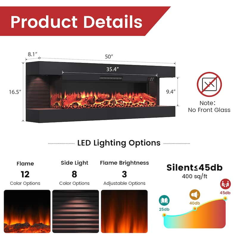 3-Sided Electric Fireplace, Wall Mounted LED Electric Fireplace