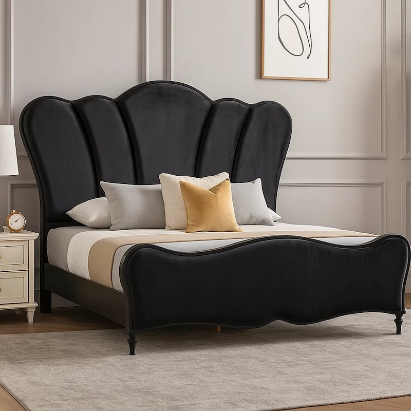 Eleena King Bed, Scalloped Padded Channel Tufting, Black Upholstery