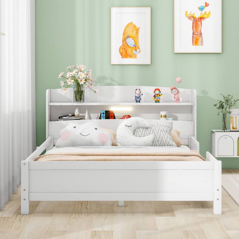 Wooden Platform Bed with Built-in LED Light & Storage Headboard, Solid Wood Platform Bedframe with Fence, No Box Spring Needed - White - Full