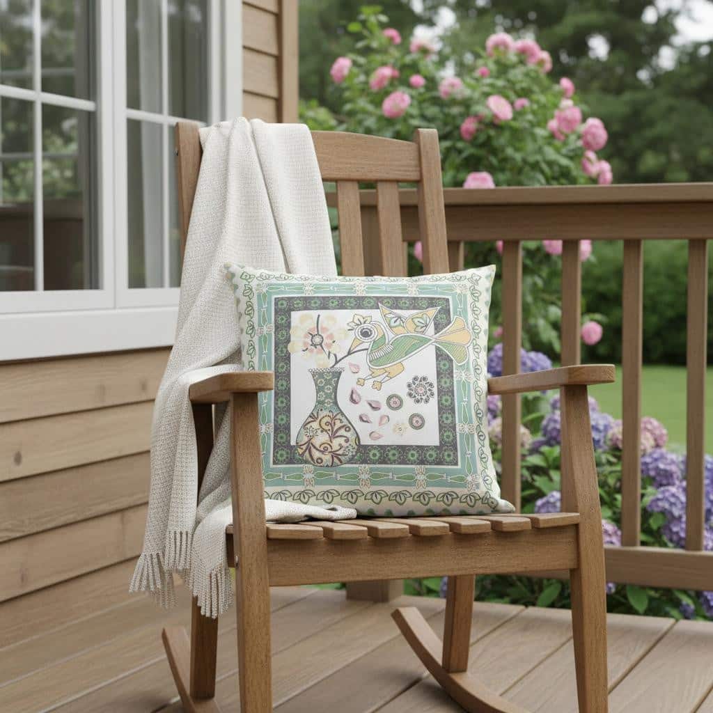 HomeRoots 16" x 16" Green and White Bird Blown Seam Abstract Indoor Outdoor Throw Pillow - 16.00' X '5.00' X '16.00