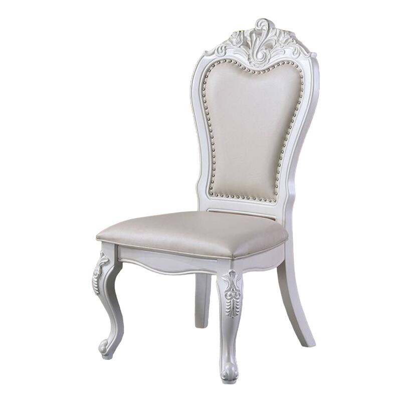 Zenie Dining Side Chair Set of 2, Carved Cabriole, Faux Leather, White Wood