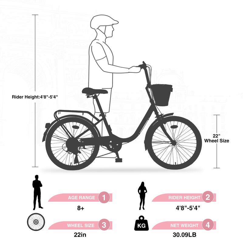 7 Speed Comfort City Bike, 22 Inch Road Cycling Bicycle with Leather Saddle and Basket, Steel Frame for Kids and Teens