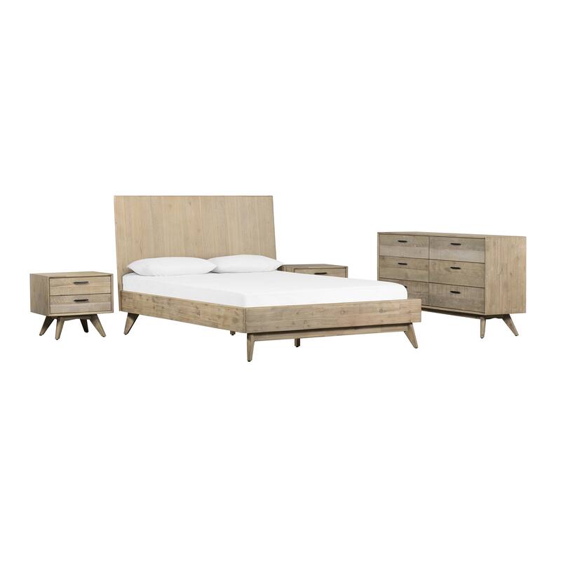 Baly Mid-Century Modern Acacia Wood 4 Piece Bedroom Set with Dresser and 2 Nightstands