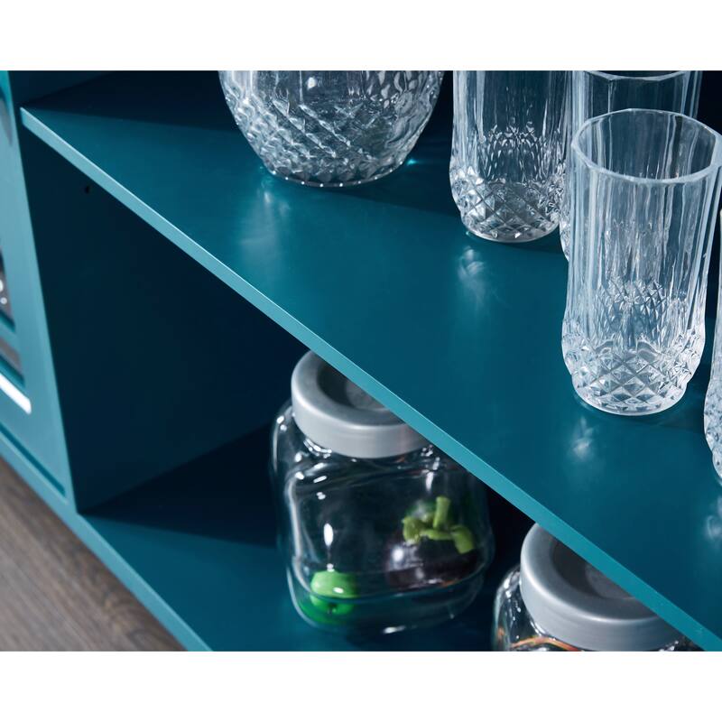 Modern Sideboard Storage Cabinet with Adjustable Shelves, Tempered Glass and Exquisite Hardware Accessories, Teal Blue