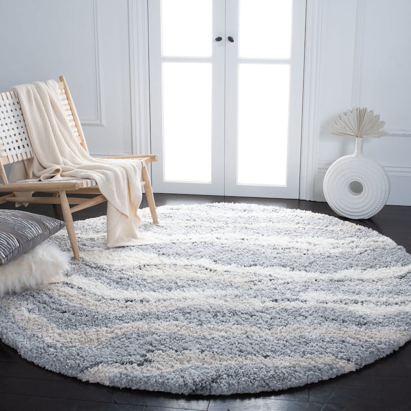 SAFAVIEH Fontana Shag Geanina Modern Abstract 2-inch Thick Rug - 6'7" Round - Grey/Ivory