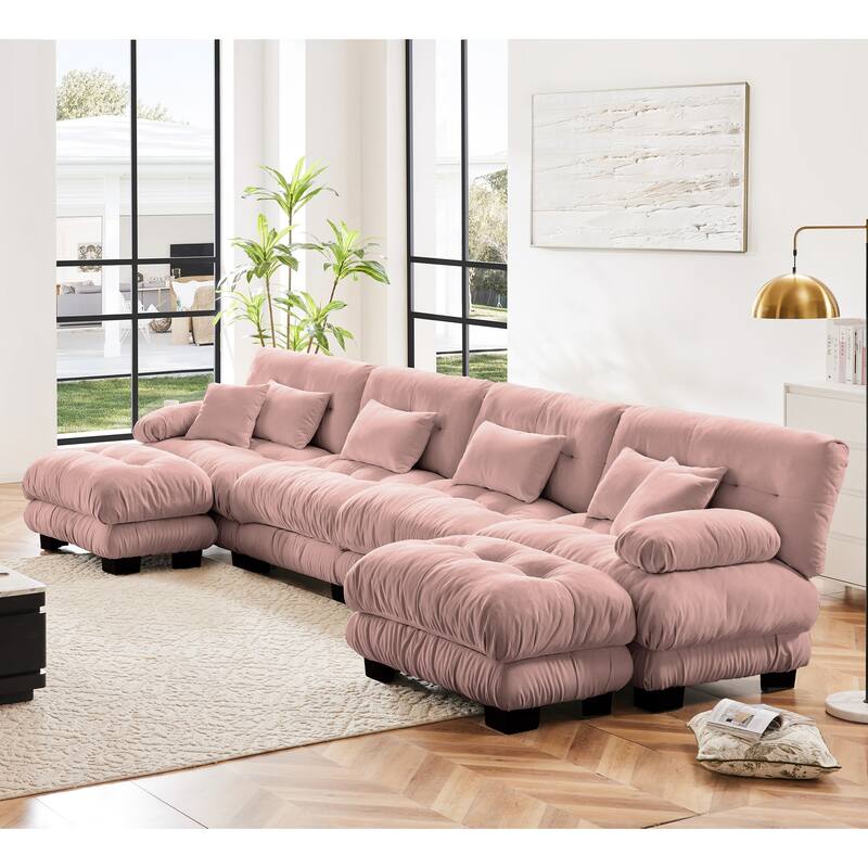 Modular Chenille Couch Sectional Sofa with Ottoman, Throw Pillows