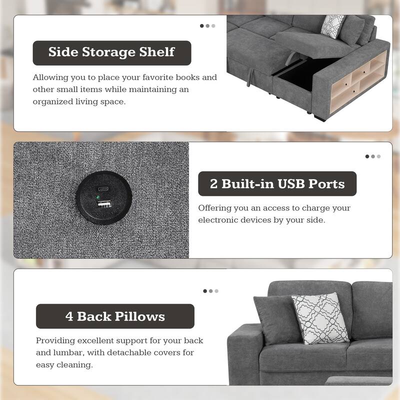Grey 109" U-Shaped 6-Seat Sectional Sofa with Pull-Out Bed, Storage Chaise Lounge, 4 Back Pillows, and USB Charging Ports
