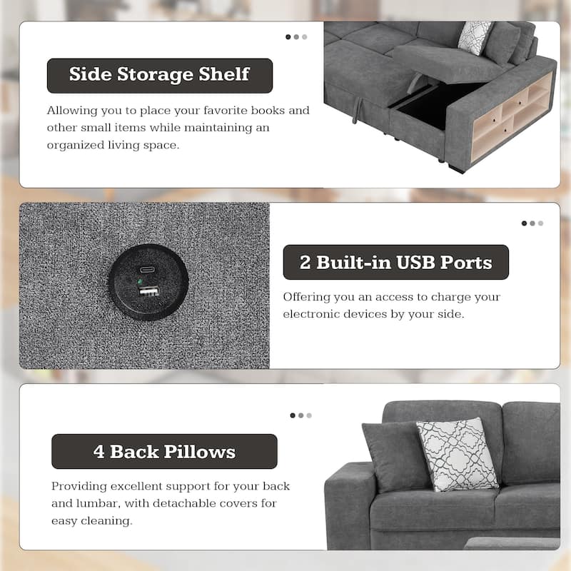 Roomfitters U-Shaped Sectional Sofa with Pull-Out Bed, Two USB Ports, Storage Chaise Lounge, and Four Back Pillows