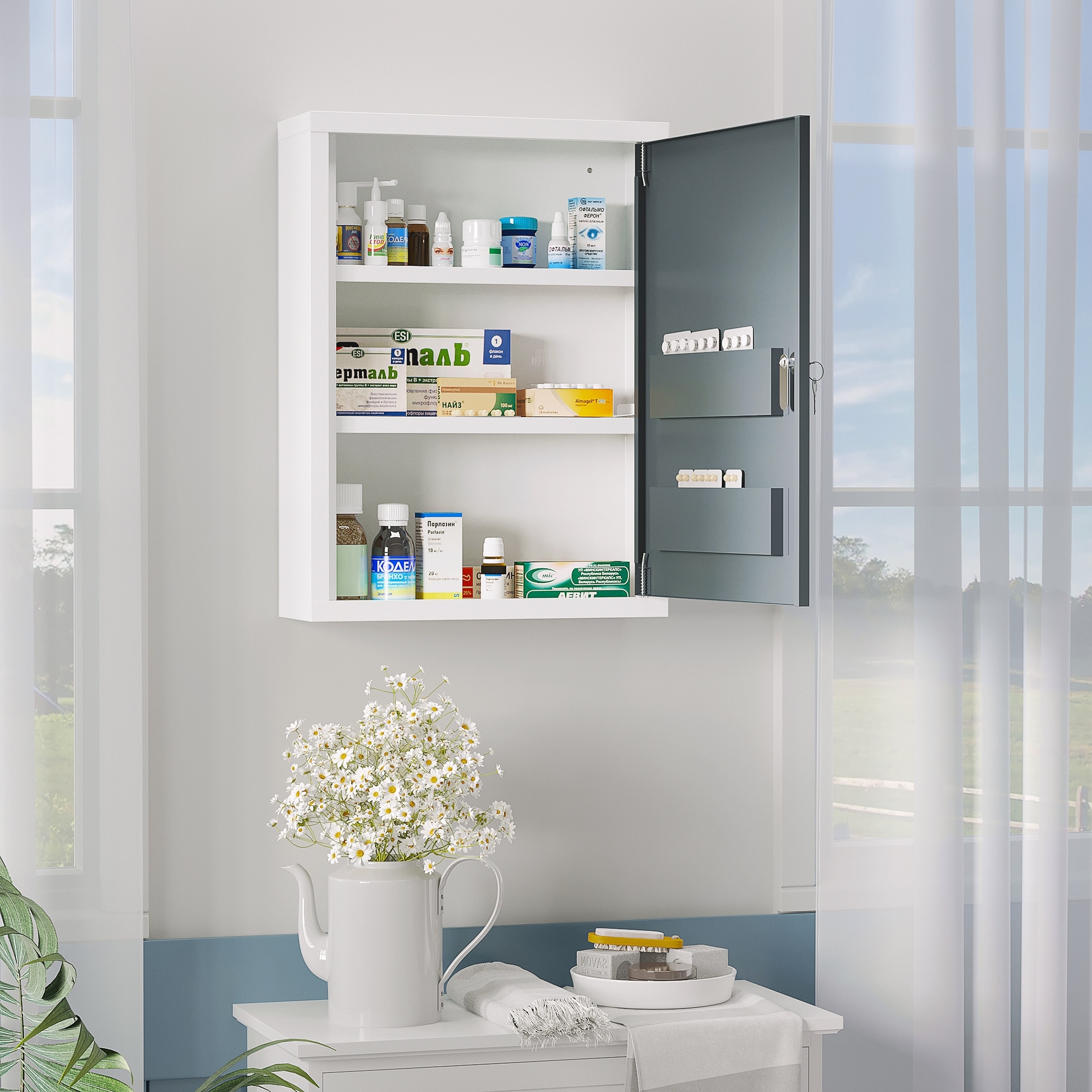 kleankin Wall Medicine Cabinet with Lock, Hanging Medical Cabinet, First Aid Wall Cabinet for Bathroom Kitchen, White and Grey