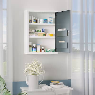 kleankin Wall Medicine Cabinet with Lock, Hanging Medical Cabinet, First Aid Wall Cabinet for Bathroom Kitchen, White and Grey
