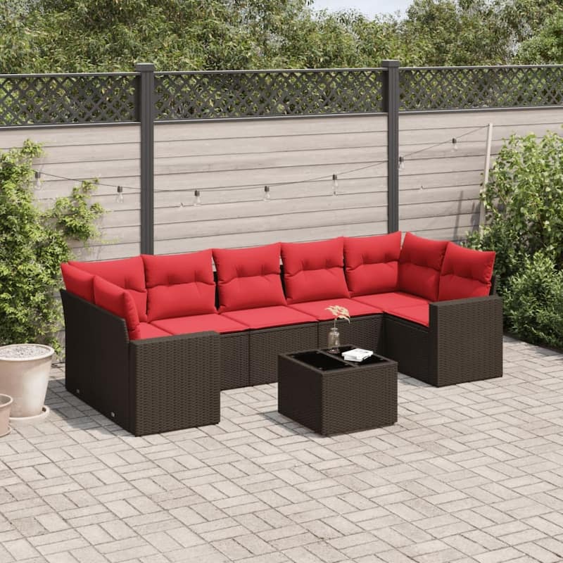 vidaXL Patio Sofa Set with Cushions Outdoor Furniture 8 Piece Poly Rattan - 25.8" x 24.4" x 27.2" - Brown and red