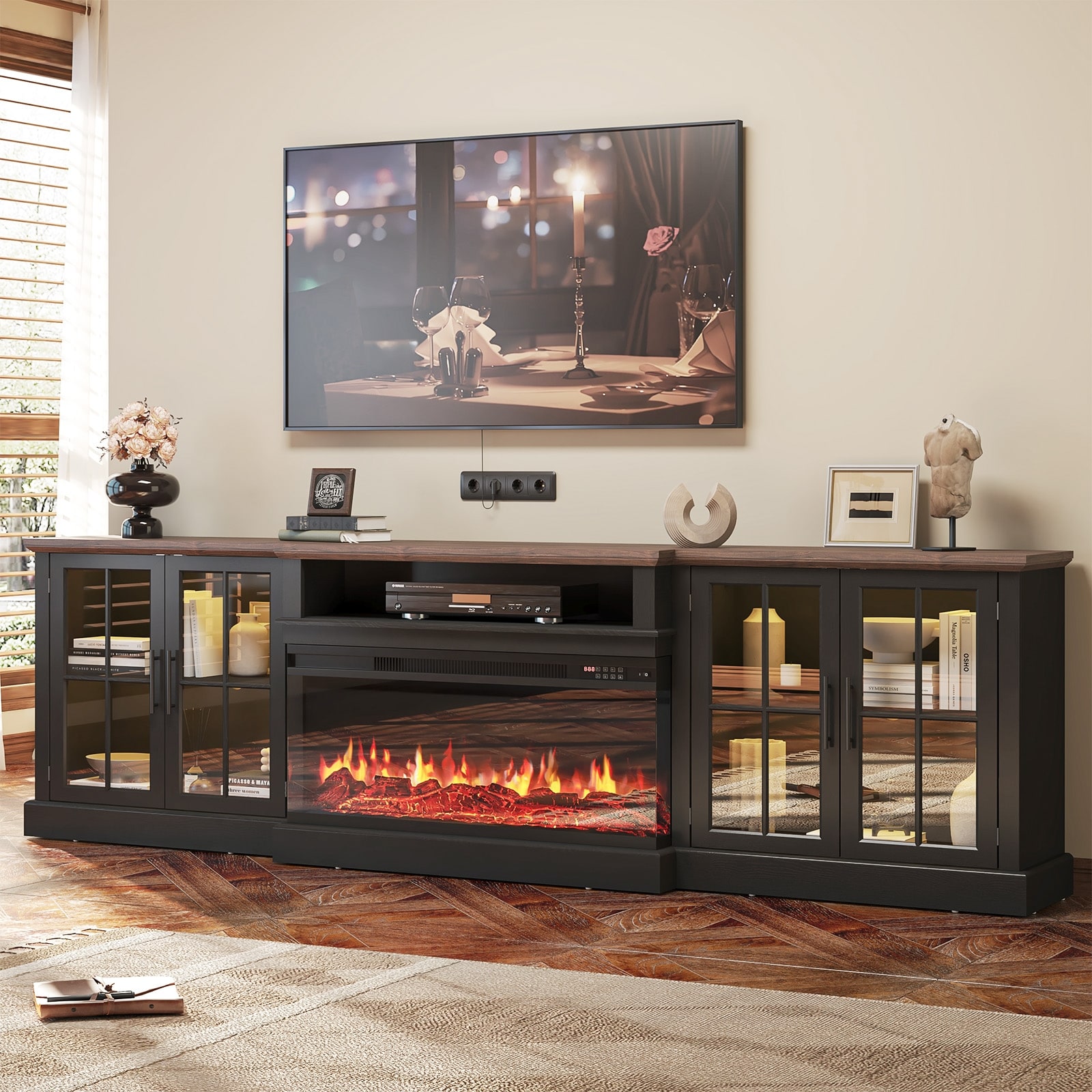 98" Farmhouse TV Stand with 36" Fireplace for TVs up to 100"