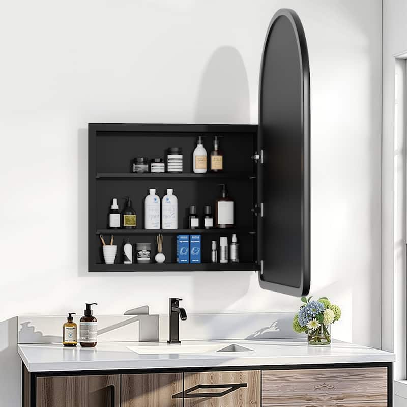 Arched Bathroom Medicine Cabinet with Mirror Wooden Framed Wall Mounted Recessed Cabinets for Bathroom Vanity