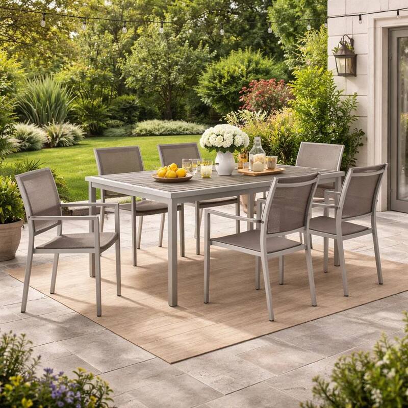 Fifi 7 Piece Dining Table Set, Gray Metal Frames, Smooth Textilene Fabric