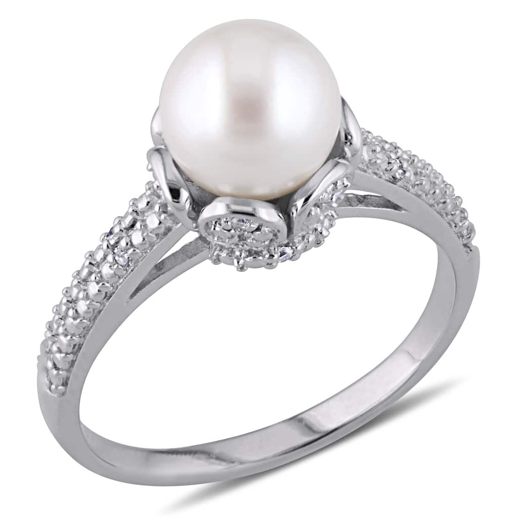 Miadora 8-8.5mm White Cultured Freshwater Pearl & Diamond Accent Ring in Sterling Silver