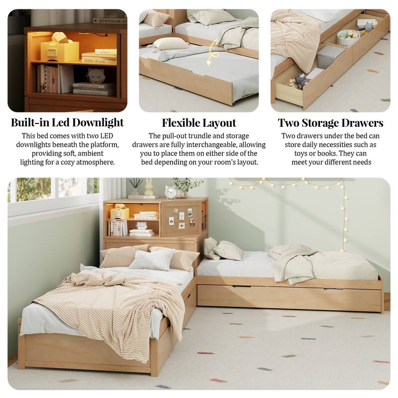 3-in-1 L-Shaped Twin Platform Bed with Trundle, LED-Lit Storage Hub & Built-In Corner Desk by Harper&Bright Designs